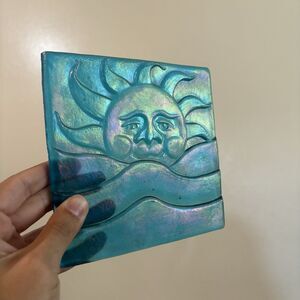 Blue Iridescent Glass Sun Face Tile 6" x 6" Wall Art Hanging